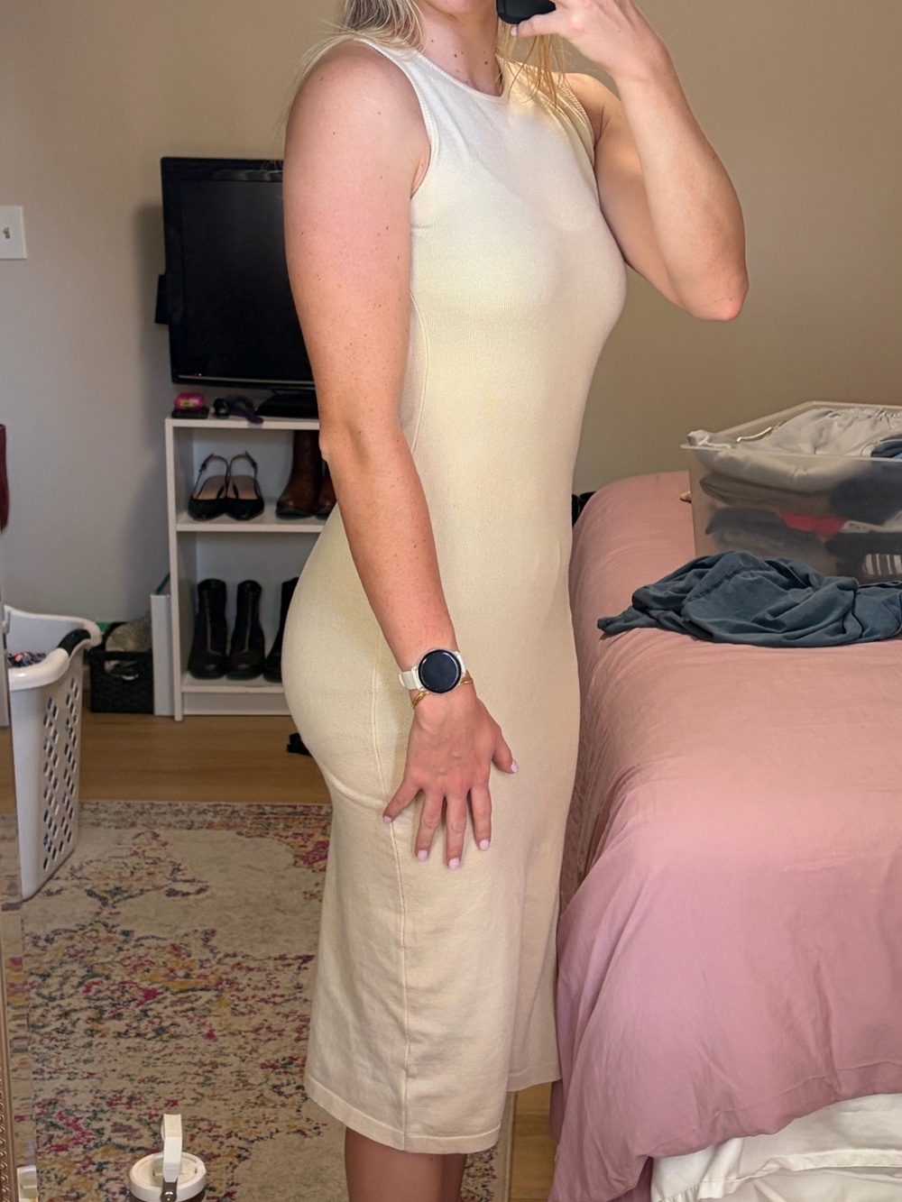 Sleeveless Cream Midi Open Back Bodycon Dress